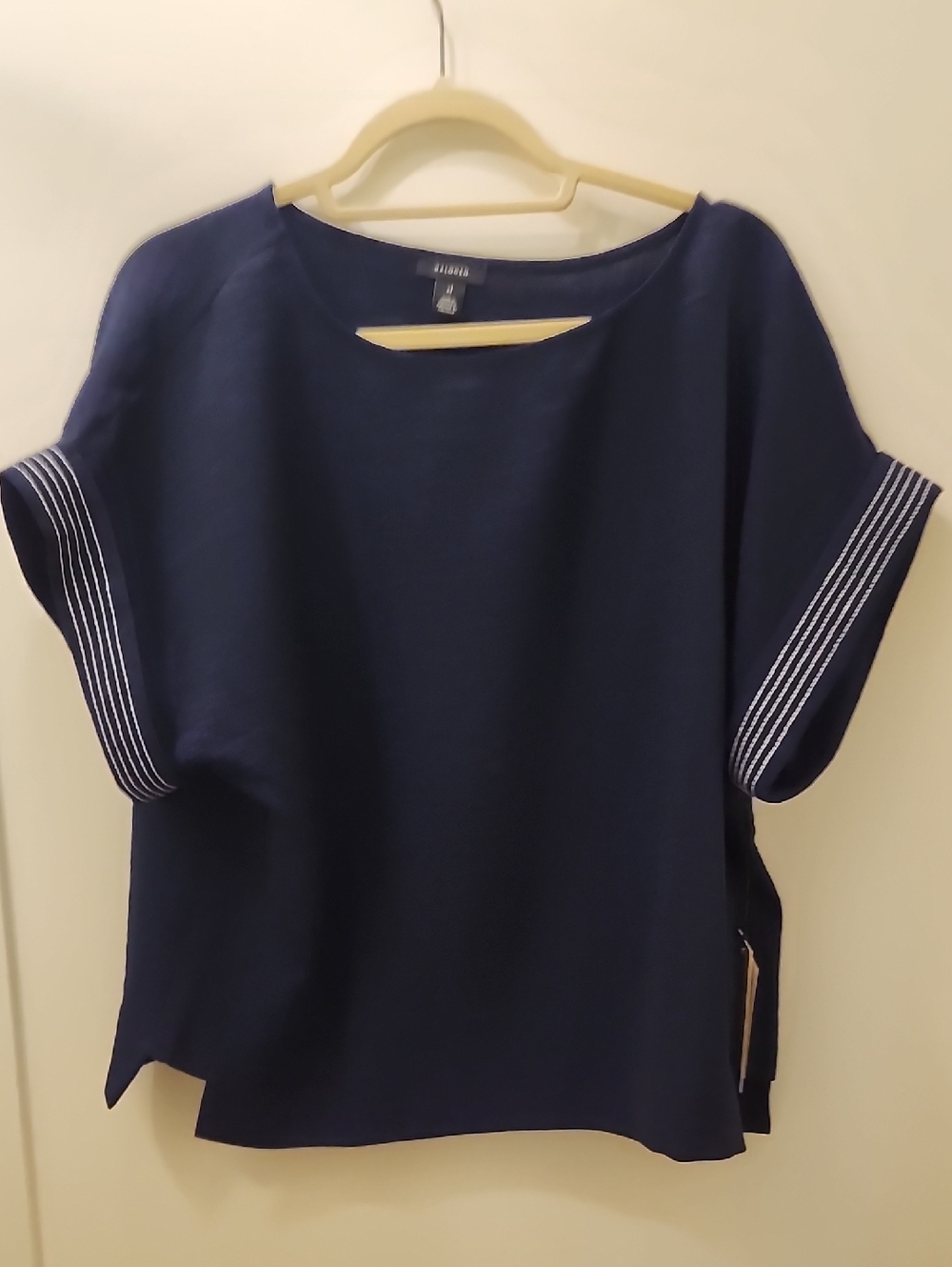 Halogen Navy Short Sleeve Boxy Top with White Stripe Trim